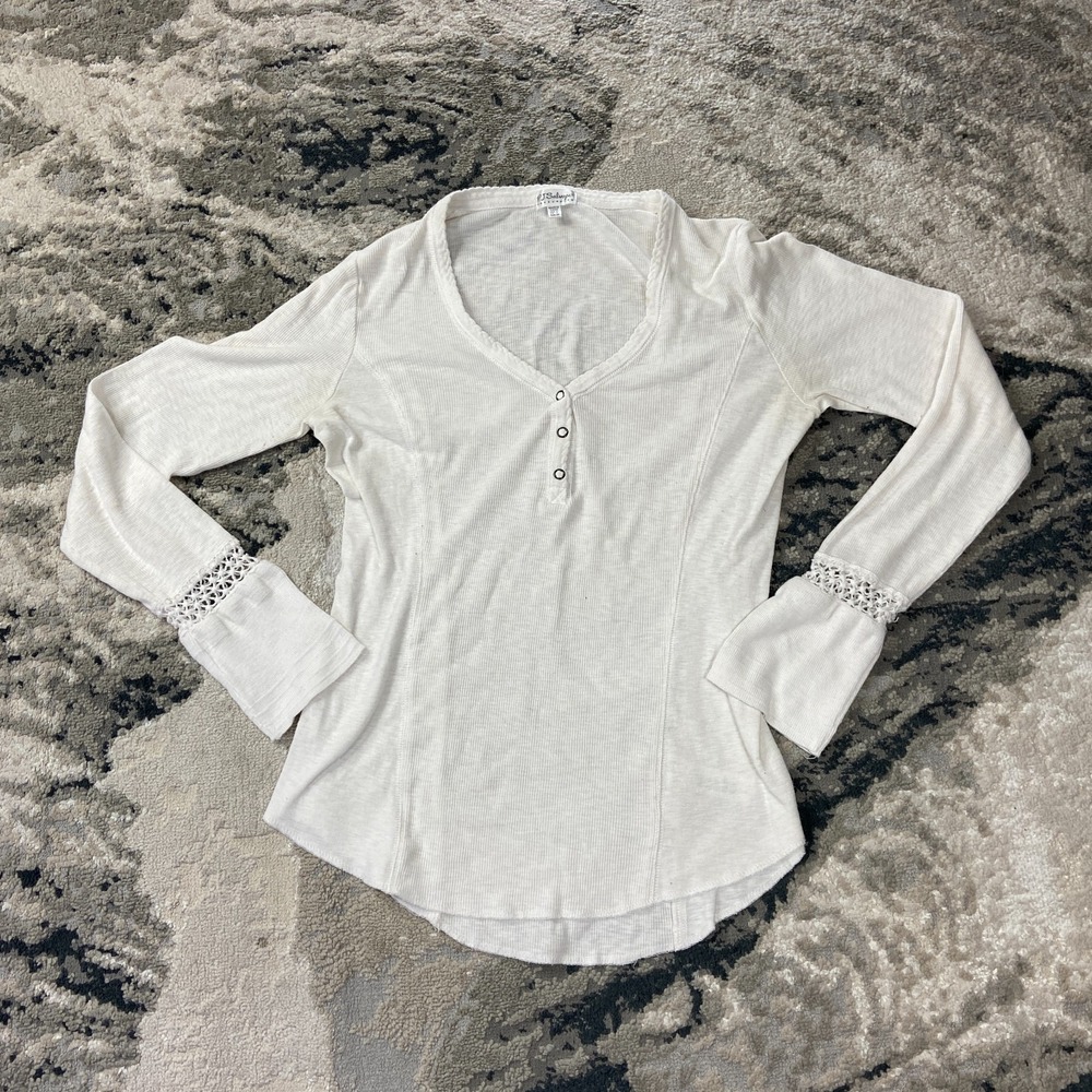 Vintage PJ Salvage Henley Top Sz M Wedding Ribbed Crochet L‎ Curved Mesh V Neck